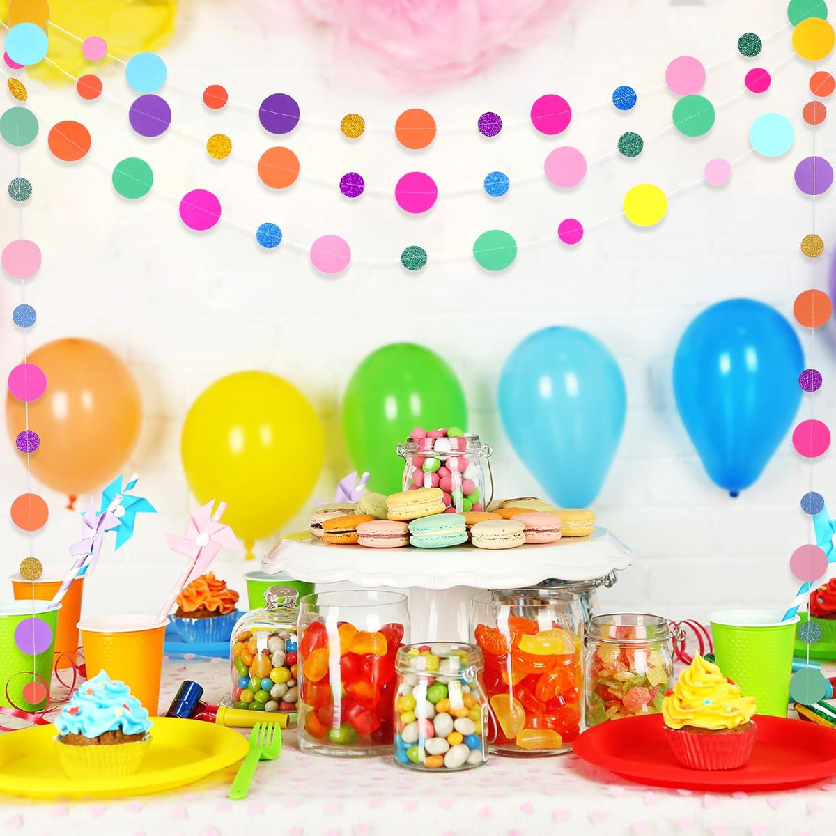 Outus 20 Pieces Colorful Dots Paper Garland Round Glitter Garland Hanging Confetti Streamers
