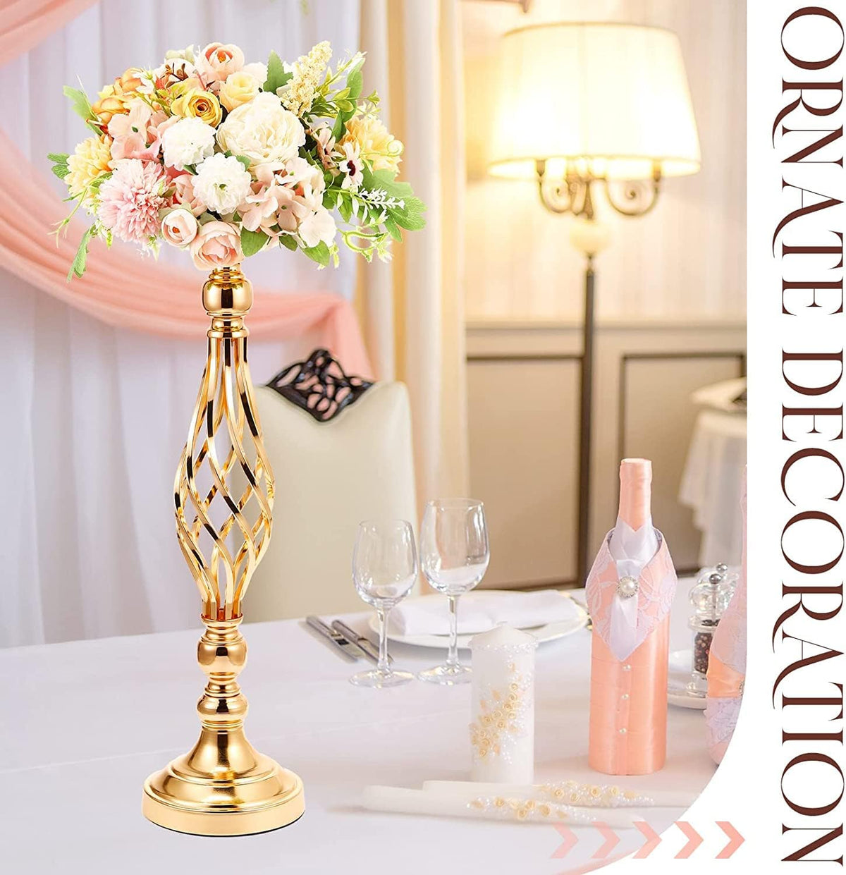 LANLONG 2pcs Metal Gold Candle Holders Road Lead Table Centerpiece Stand Pillar Candlestick for