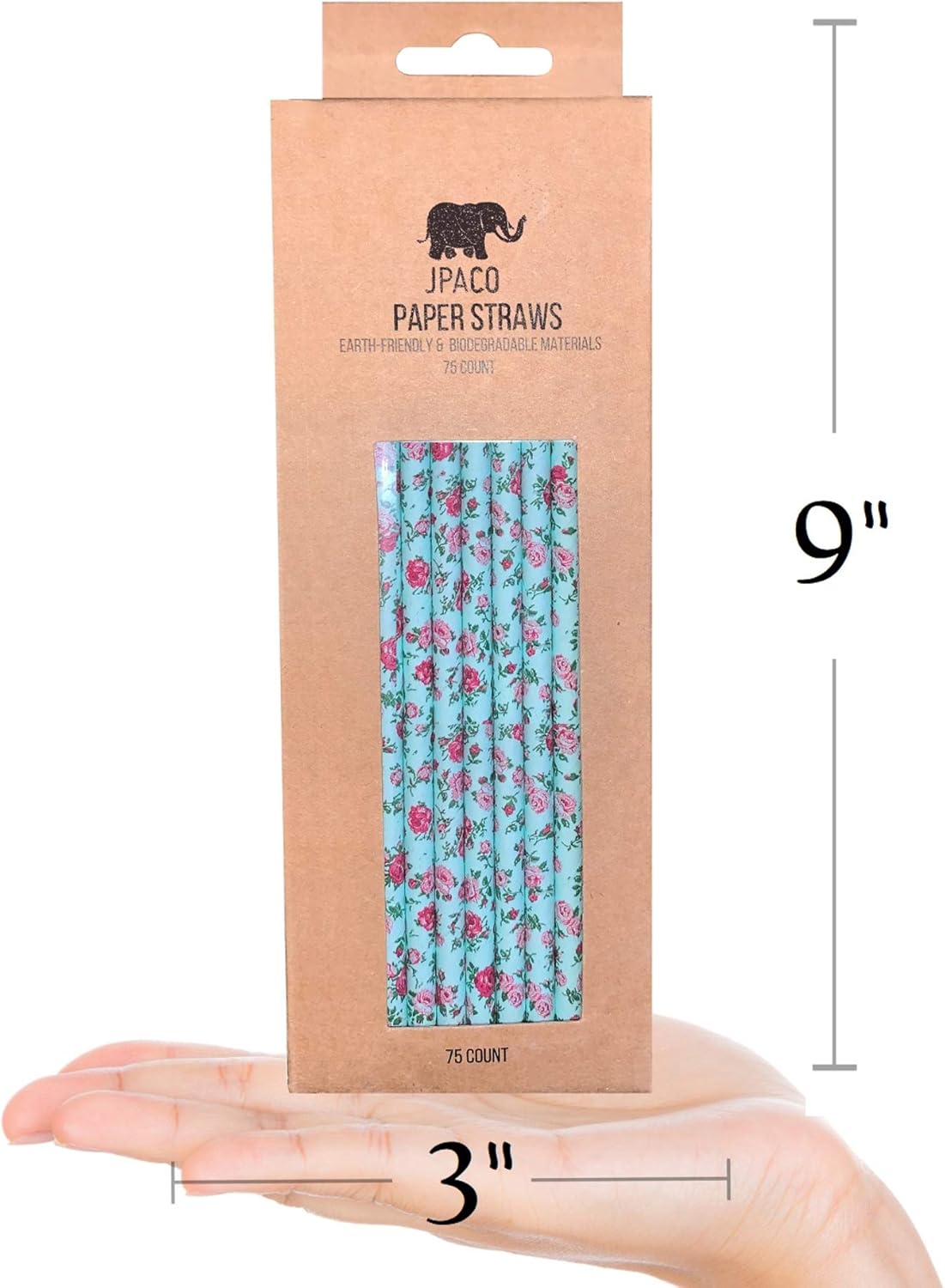 75-Pack Eco-Friendly Biodegradable Paper Straws - Vintage Rose & Floral Design in Pink, Blue