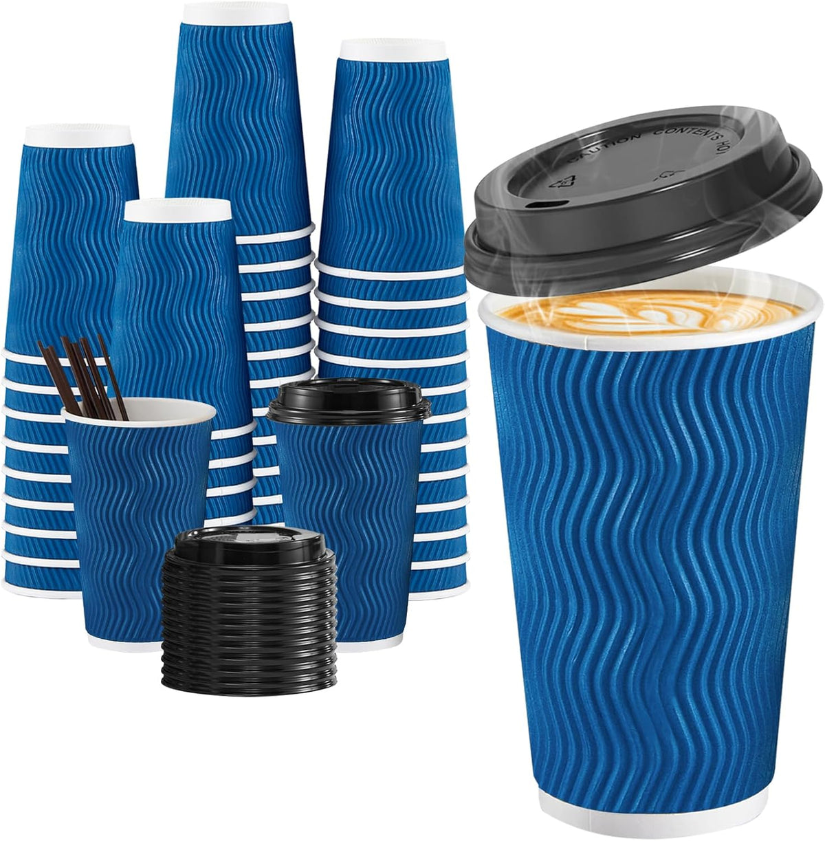 SIUQ 16 oz Coffee Cups-90 Pack Disposable Coffee Cups with Lids and Straws, Insulated Ripple Wall