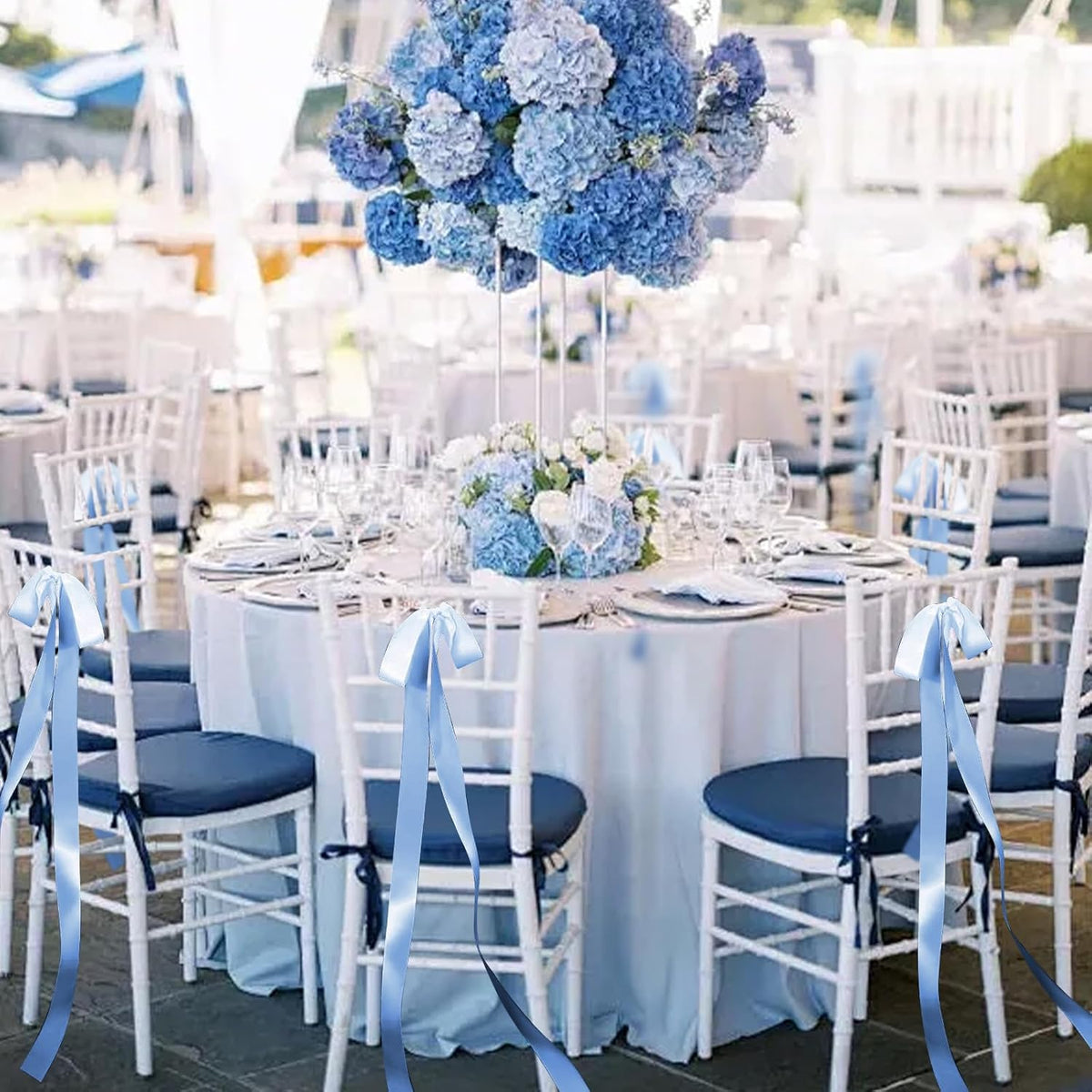 24 Pcs Large Wedding Blue Ribbon Bows for Wedding Chairs Decorative Ribbon Sashes for Pew Back