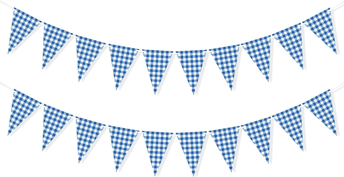 2 Pieces Blue Checkered Flags Banner, Double Sided Blue and White Gingham Bunting Garland for