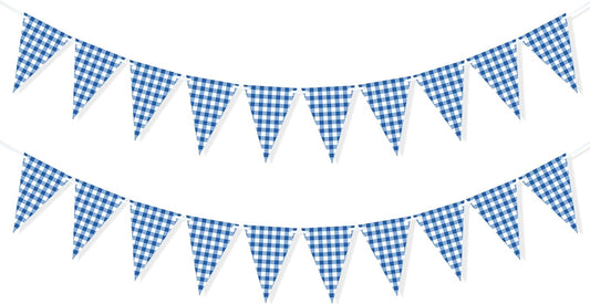 2 Pieces Blue Checkered Flags Banner, Double Sided Blue and White Gingham Bunting Garland for
