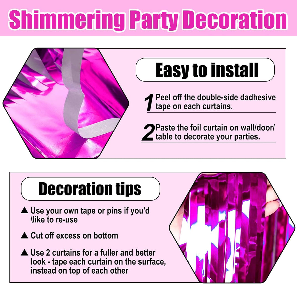 3 Pack Rose Red Foil Fringe Curtain Backdrop, 3.28Ft x 8.2Ft Metallic Tinsel Foil Fringe Streamer