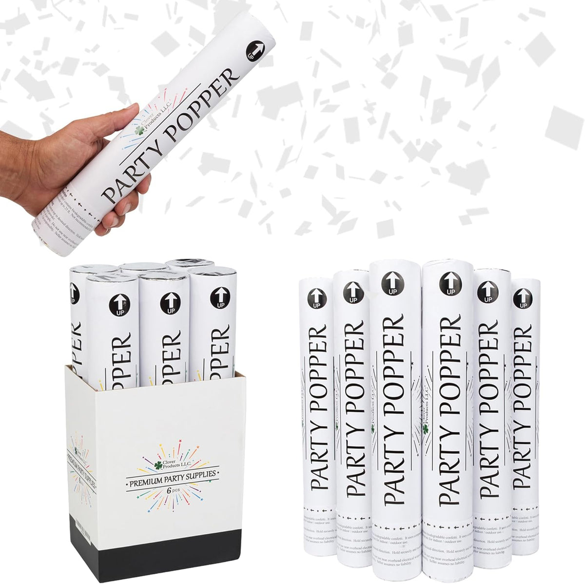 Clover Products 12" Biodegradable Confetti Cannons | 6 Pack | White Poppers for Weddings, Birthdays