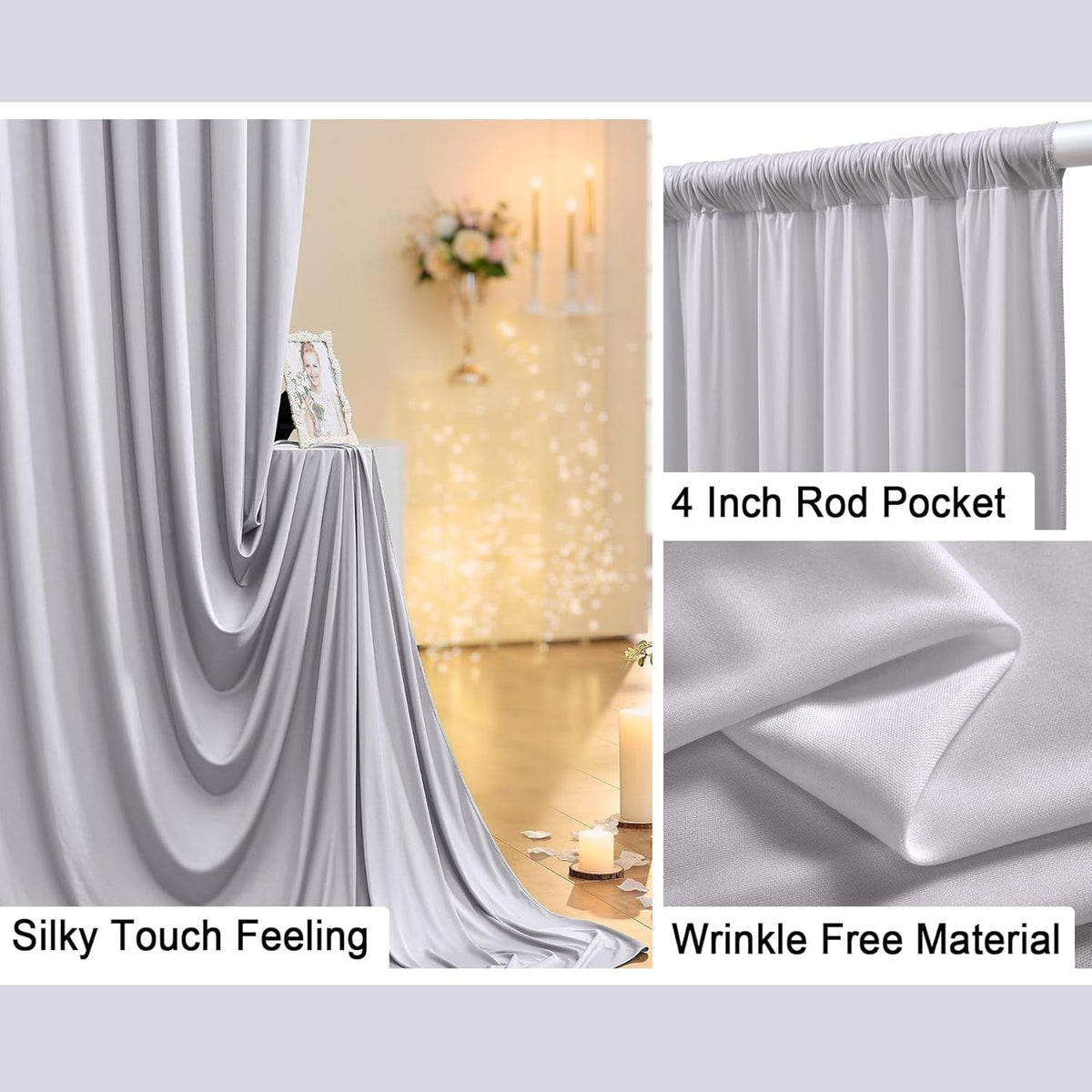 10 ft x 10 ft Wrinkle Free Silver Backdrop Curtain for Parties, Polyester Silver Grey Backdrop