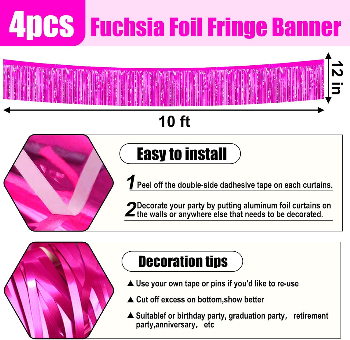 4 Pack 10 Feet Rose Red Foil Fringe Garland Metallic Tinsel Streamers Banner Wall Hanging Curtain