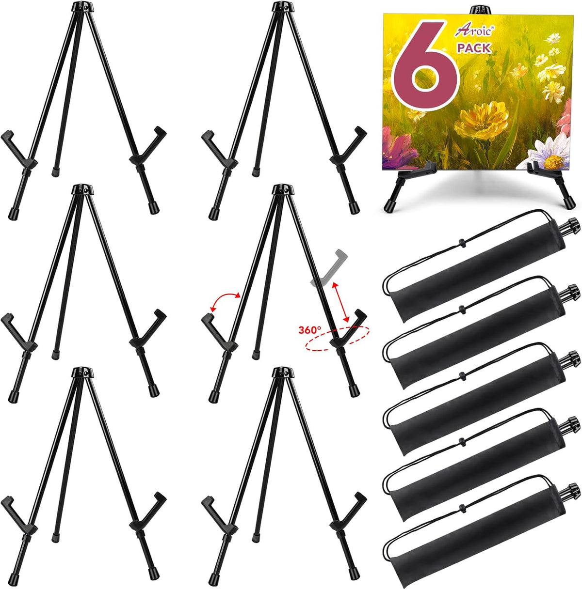 AROIC 6 pack 14'' Tabletop Easels, Black Steel Table Top Easels for Display, Adjustable Portable