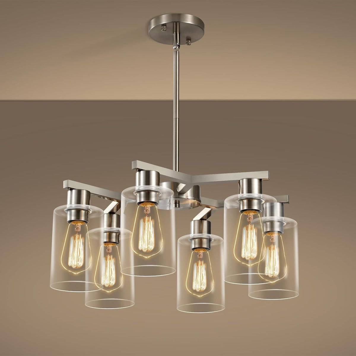 6-Light Modern Farmhouse Brushed Nickel Chandelier, Dining Room Light Fixture Over Table Adjustable