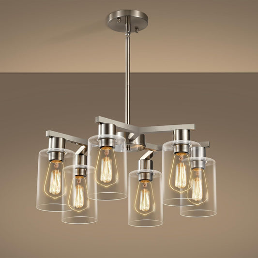 6-Light Modern Farmhouse Brushed Nickel Chandelier, Dining Room Light Fixture Over Table Adjustable