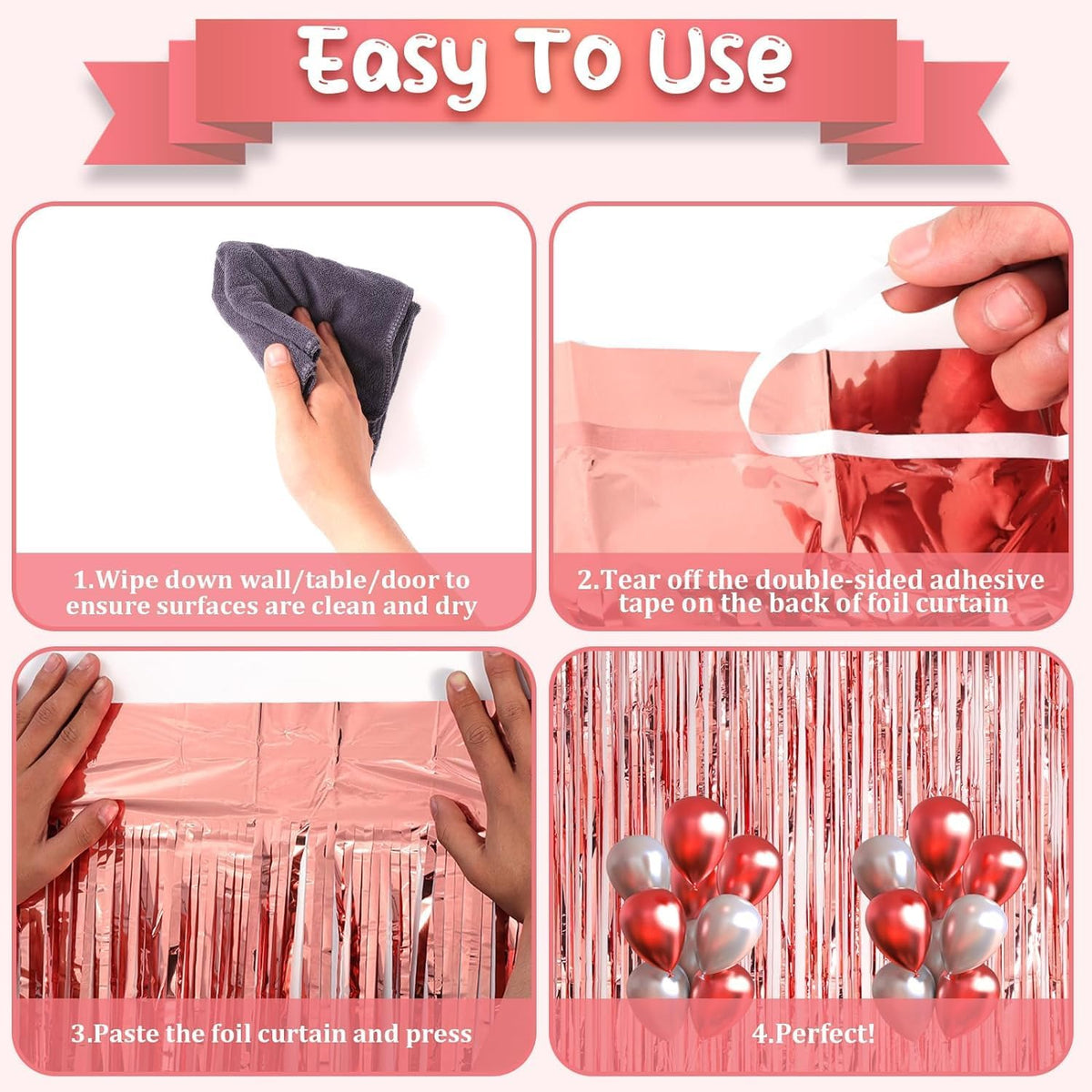 2 Pack Rose Gold Tinsel Foil Fringe Curtains, Rose Gold Party Decorations, Metallic Tinsel Party