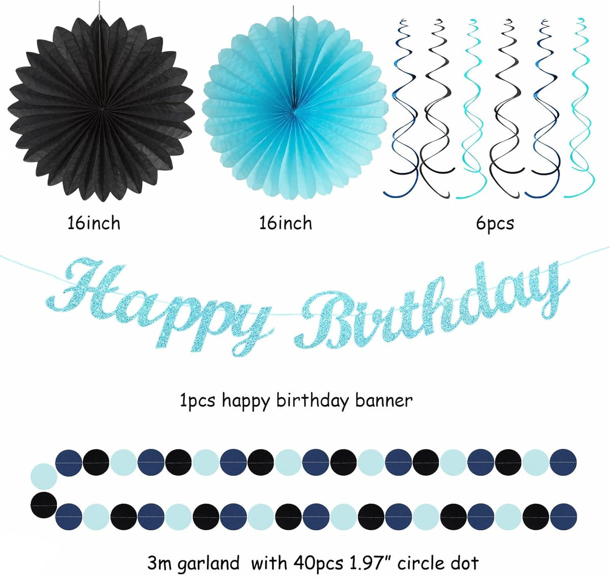 Light-Royal Navy-Blue Black Birthday Party-decorations - 21pcs Boys Men Happy Banner,Paper