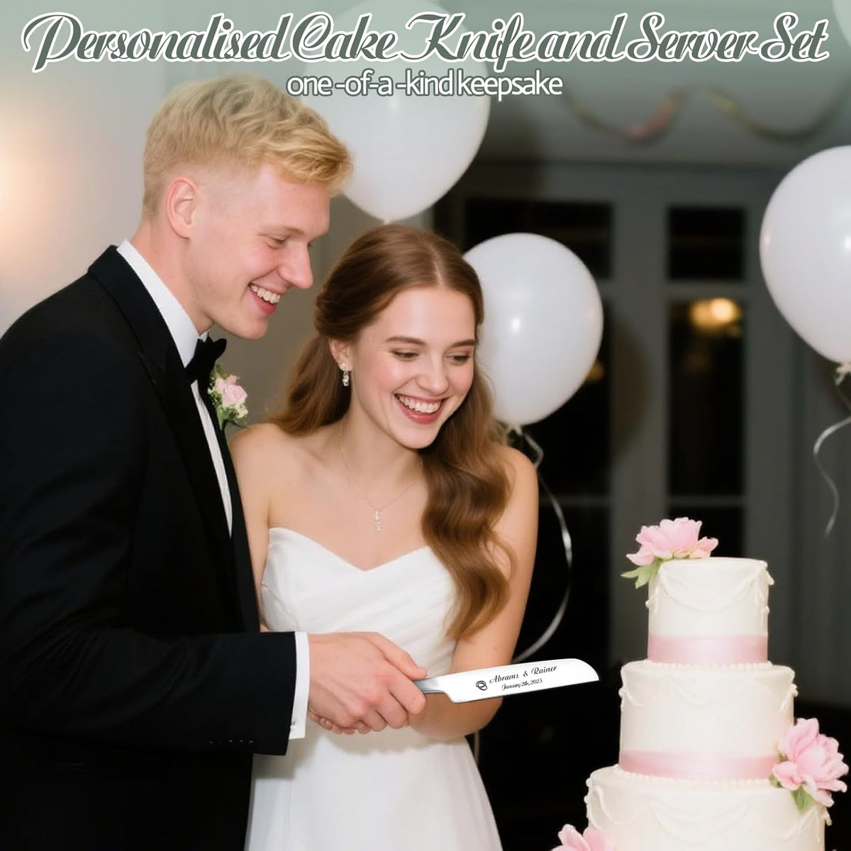 Personalized Wedding Cake Knife and Server Set - Custom Name Engraved Cutting Set with Elegant Gift