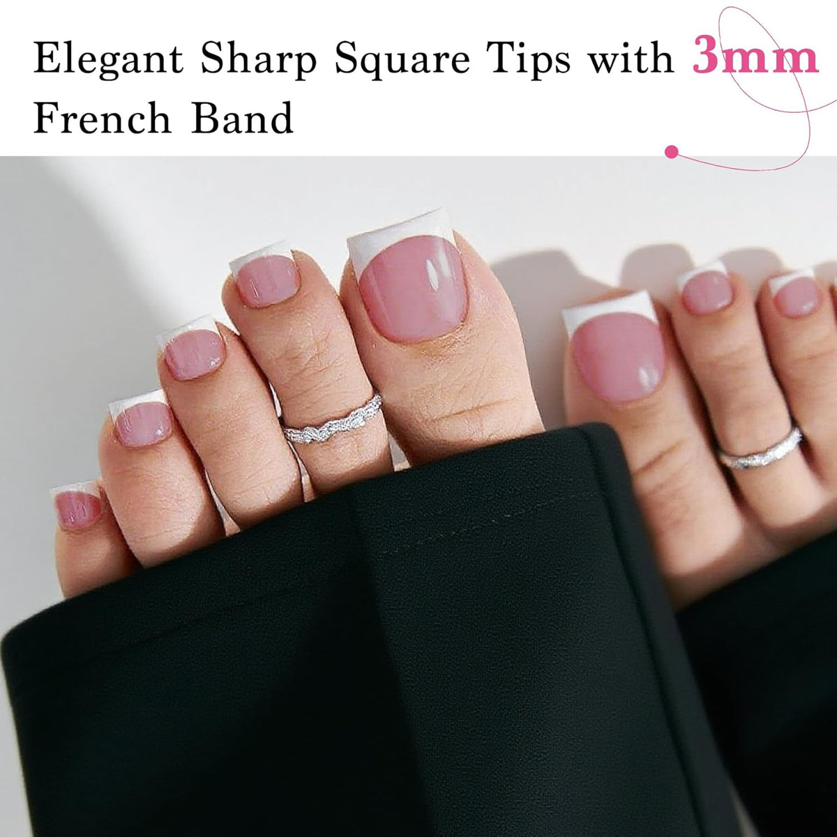 Toe Nail Press Ons French Tip, Sharp Square Berry Pink Pre-Designed Fake Toenail Press On for Women