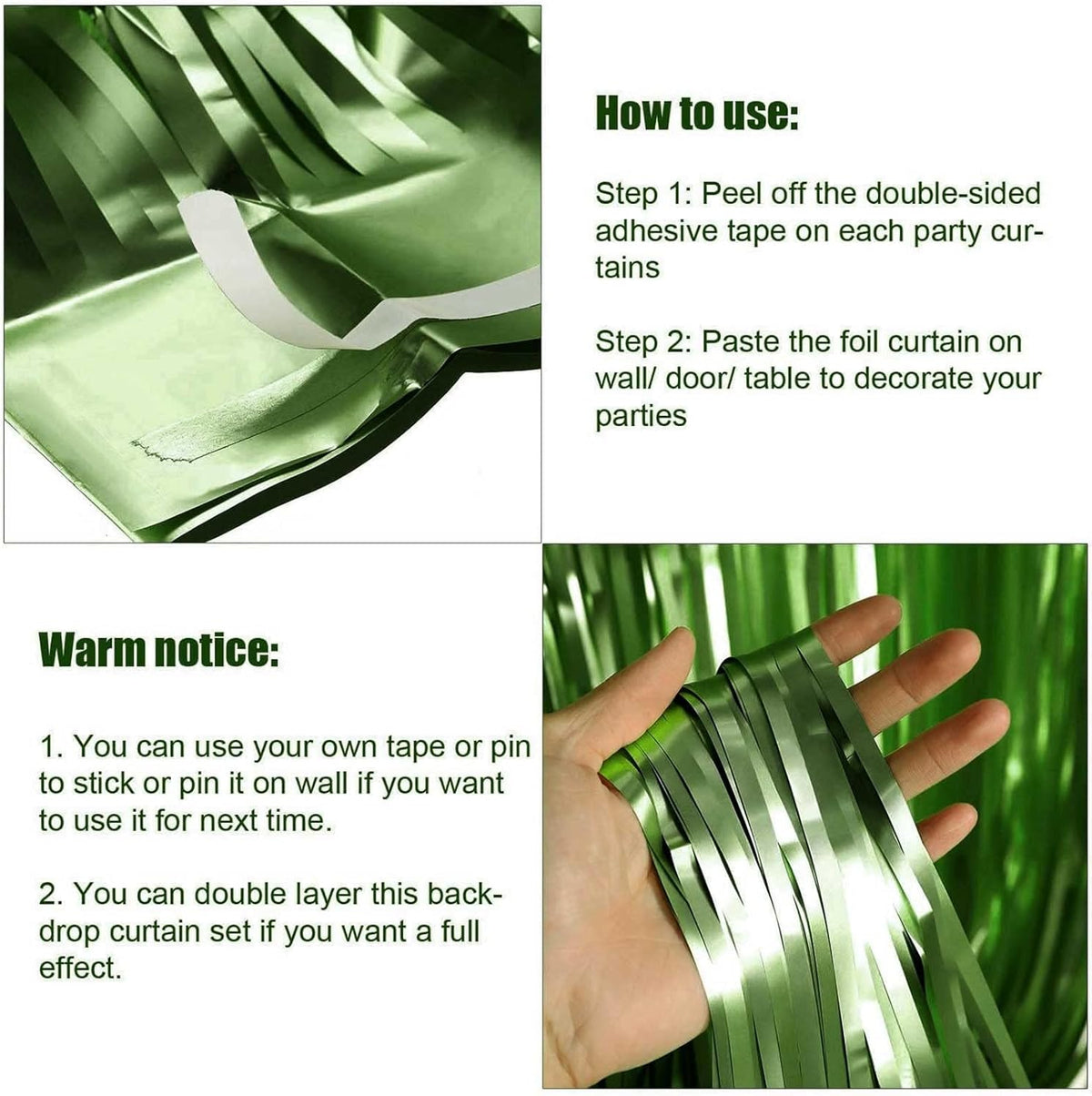 4 Pack Light Green Foil Fringe Curtain Backdrop, 3.28Ft x 8.2Ft Metallic Tinsel Foil Fringe