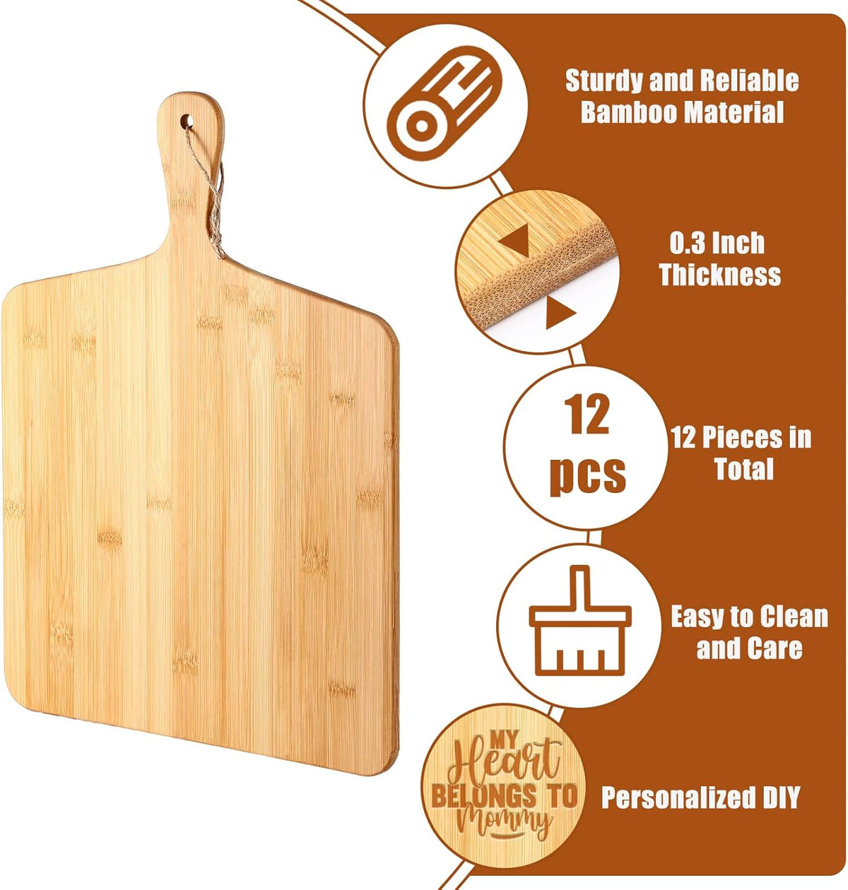 Patelai 12 Packs Wooden Cutting Board Set with Handles Large Kitchen Serving Plain Chopping Board