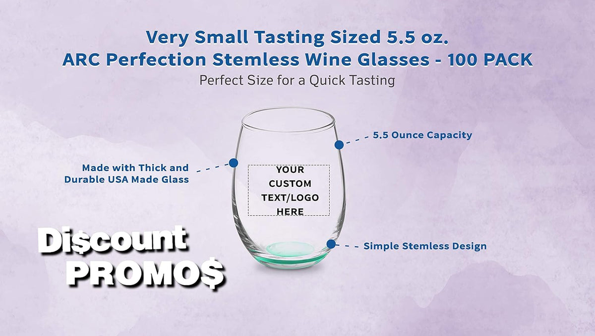 Custom Stemless Wine Glasses by ARC 5.5 oz. Set of 100, Personalized Bulk Pack - Perfect for Hotel