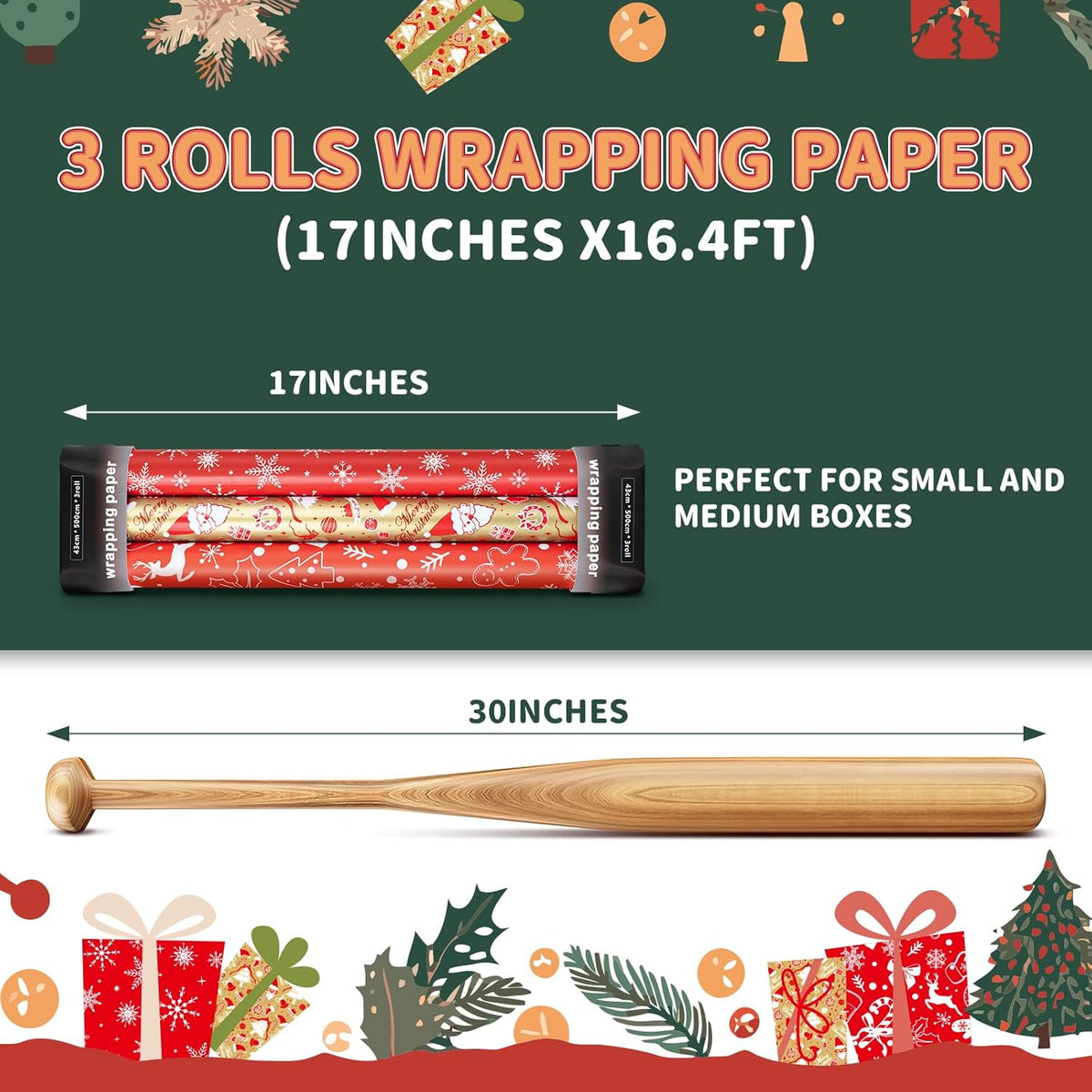 Christmas Gift Wrapping Paper Rolls,3 Rolls 17inches x 198inches Reversible Gift Wrapping Paper