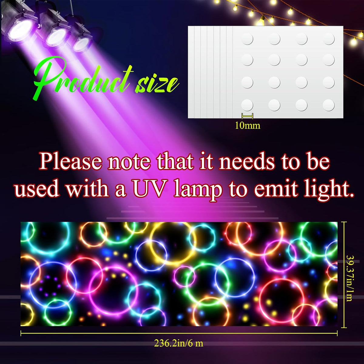 Haull 236 x 39 Inch Neon Light up Dance Floor Glow in The Dark Floor Runner Neon Party Decorations