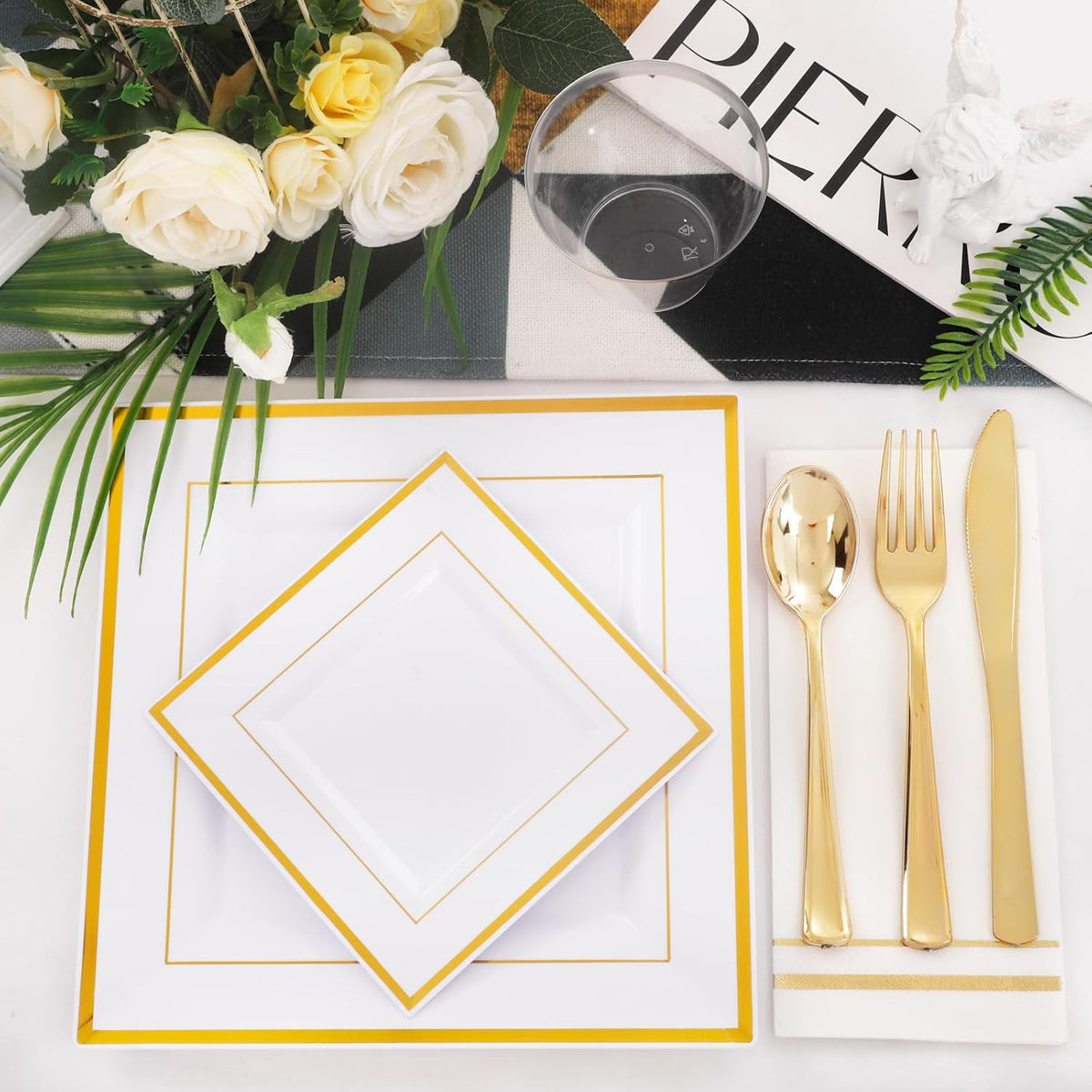 Festiva 350Pcs Gold Plastic Plates - Disposable Square Gold Plates Dinnerware set include 9.5"/6"
