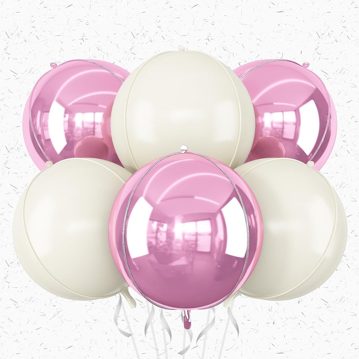 6Pcs Pink Cream White Round Foil Balloons,Giant 4D Round Ball Balloon,22 Inch Metallic Pink Cream