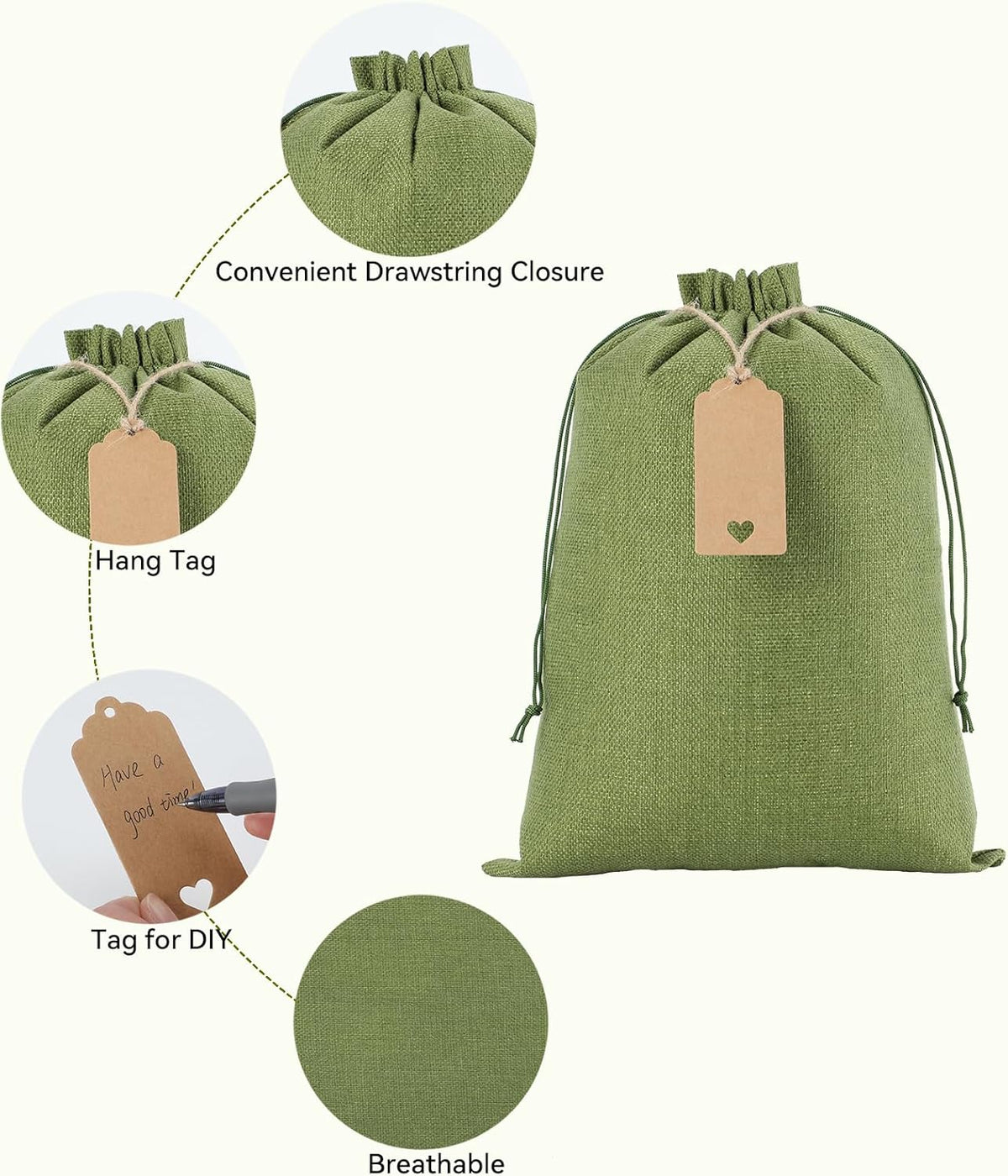 Tapleap Burlap Bags with Drawstring - 10Pcs 10x14 Green Gift Sacks for Wrapping Halloween Favors
