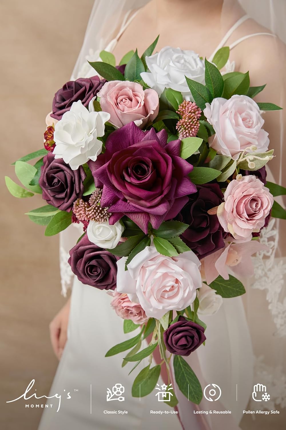 Ling's moment Burgundy Cascading Bridal Bouquet, Marsala Wedding Bouquets for Bride, 13 Inch Birde