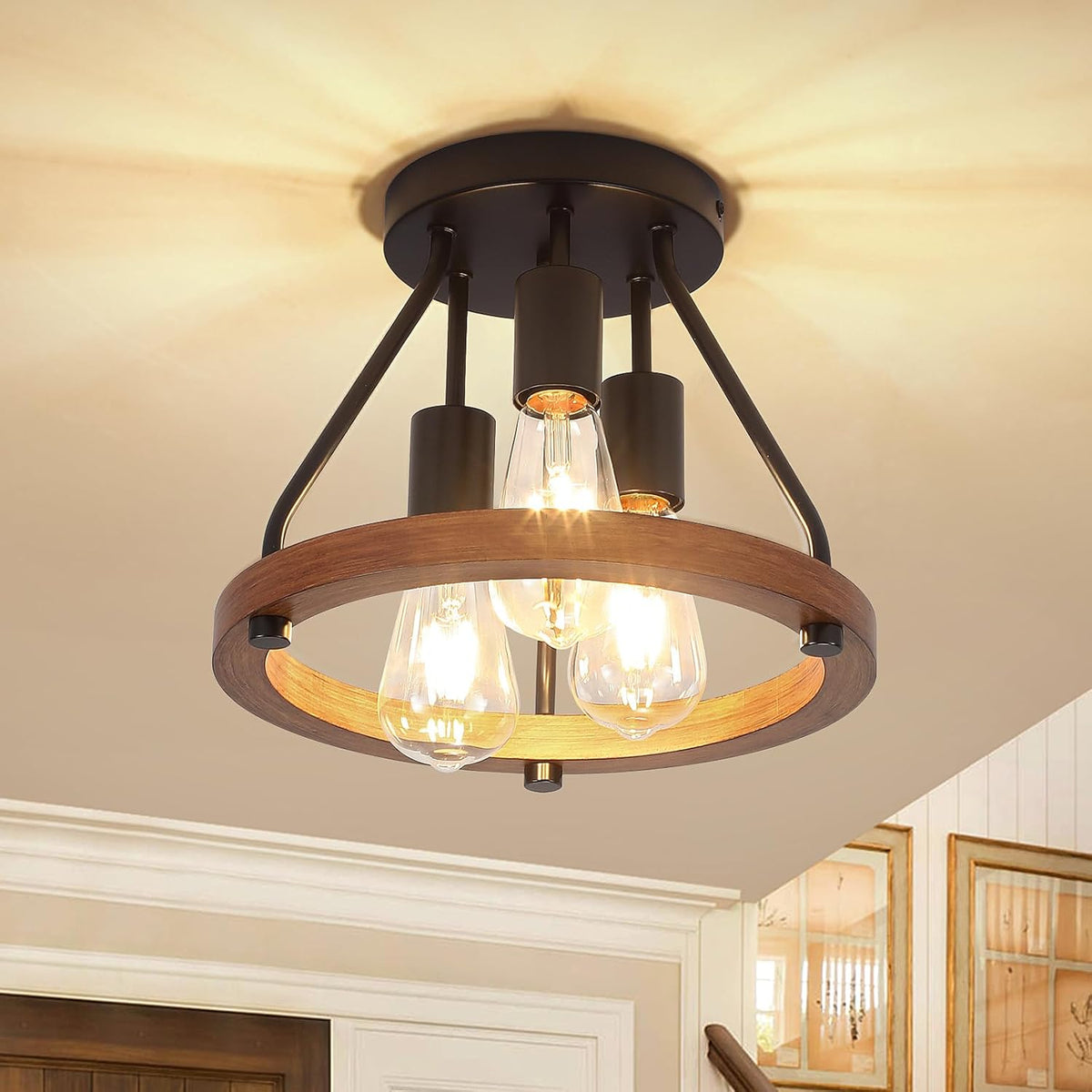 Modern Farmhouse Wood Semi Flush Mount Ceiling Light, Hallway Entryway Light Fixtures, 3-Light