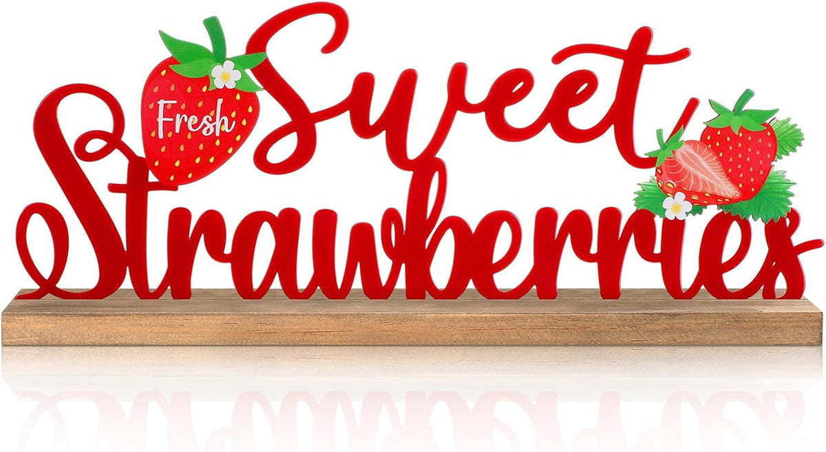 Fresh Sweet Strawberries Metal Sign Rustic Table Decor Summer Tiered Tray Decor with Wooden Base