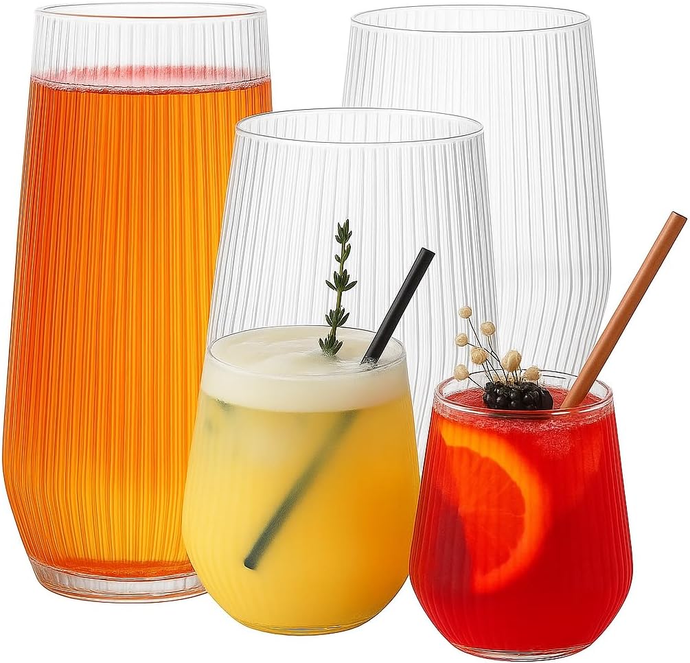 48 Pack Ribbed Origami Ripple Plastic Glasses, 24 9 Ounce Stemless Champagne Flutes & 24 12 Ounce