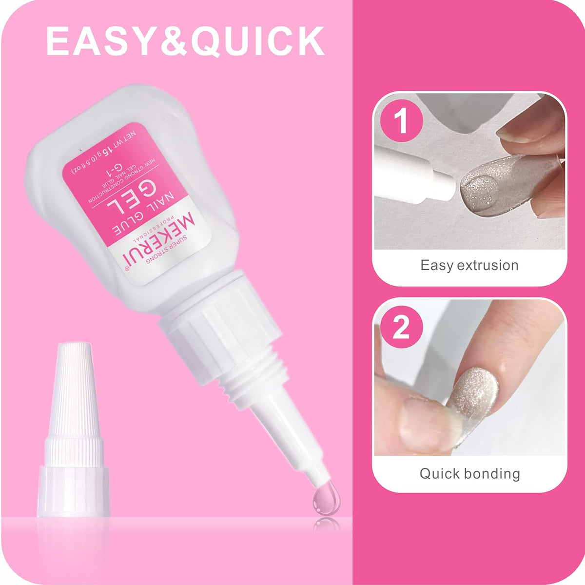 Super Strong Nail Glue Gel (15g) for Press on Nails,Drip and Clog Proof,7S Quickly Dry Without UV