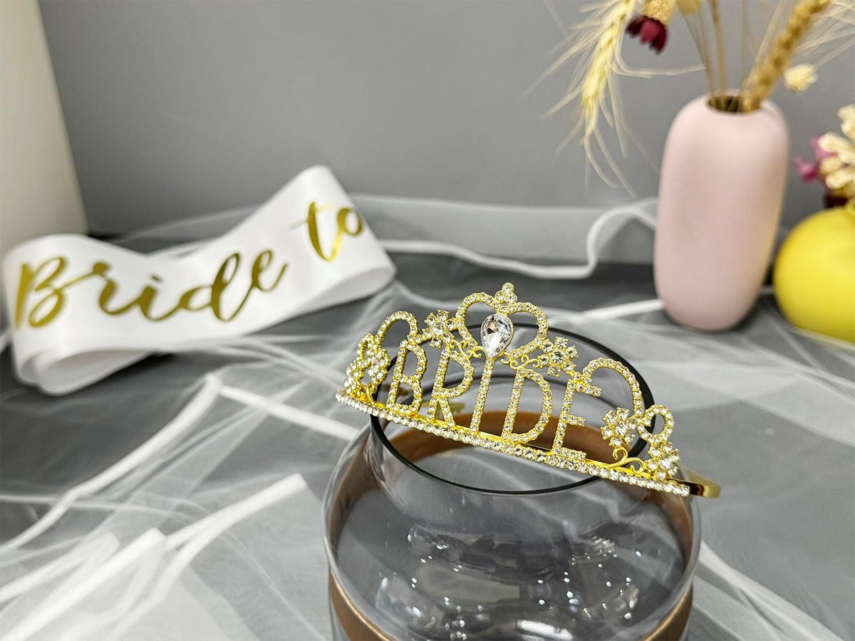 JETKONG 3 Pcs Bachelorette Party Decorations "BRIDE" Crown, Bride to Be Sash&Veil for Women