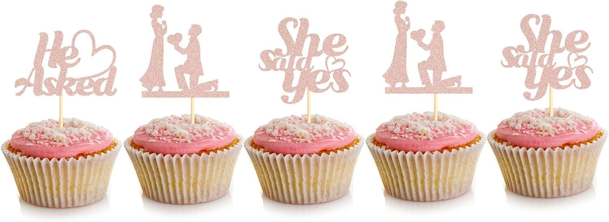 Sotpot 24PCS He Asked She Said Yes Cupcake Toppers With Heart Rose Gold Glitter for Wedding Bridal