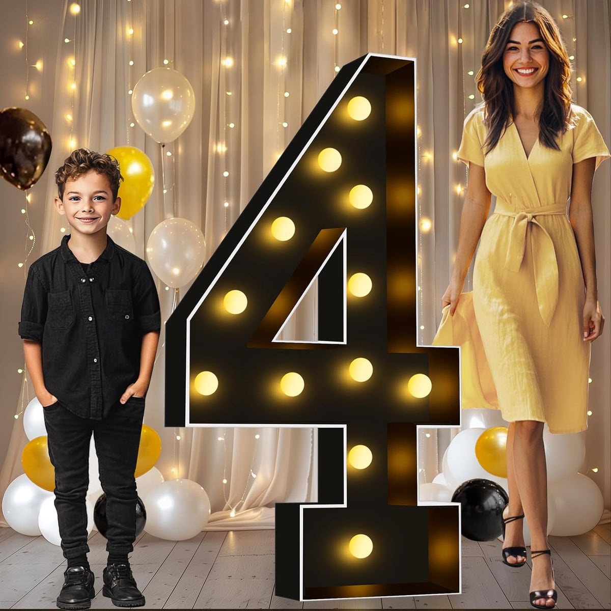 Pooqla 4 FT Light Up Marquee Numbers, Black Marquee Number Lights 4 Feet Tall for 4th 14th 40th