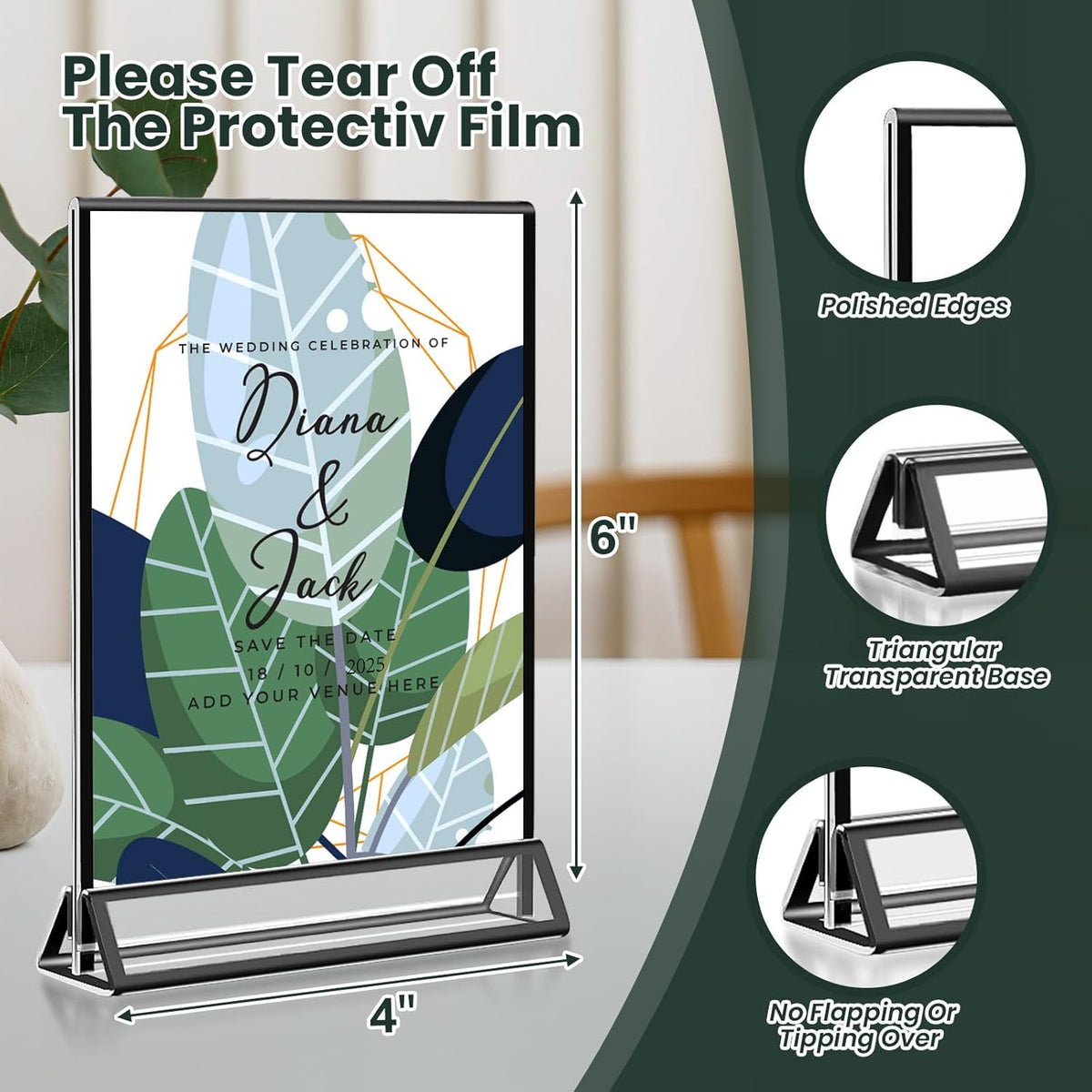 15 Pack Acrylic Sign Holder 4x6, Wedding Black Frame Table Number Holders Vertical, Clear Picture