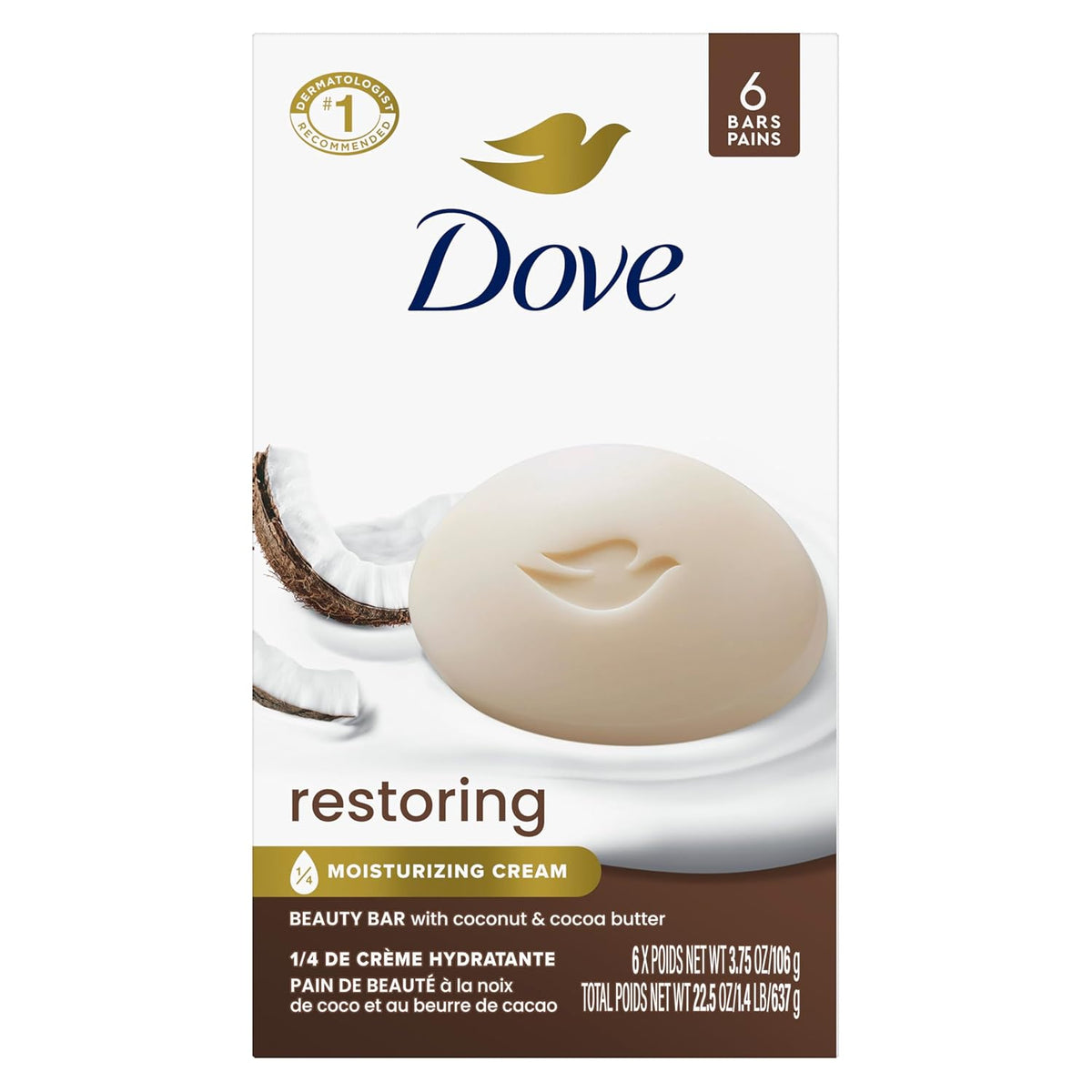 Dove Beauty Bar Soap Restoring Coconut & Cocoa Butter 6 Count for Restored Skin, Nourishes Skin