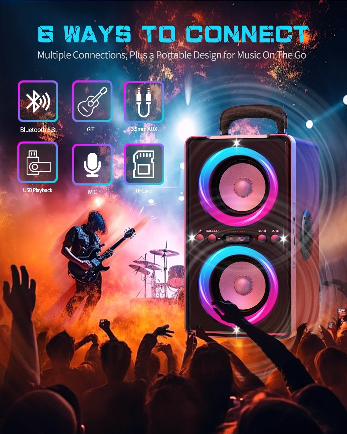 Bluetooth Speaker, 200W(Peak) Loud Stereo with Deep Bass, 20H Playtime, TWS, 30W Fast Charging