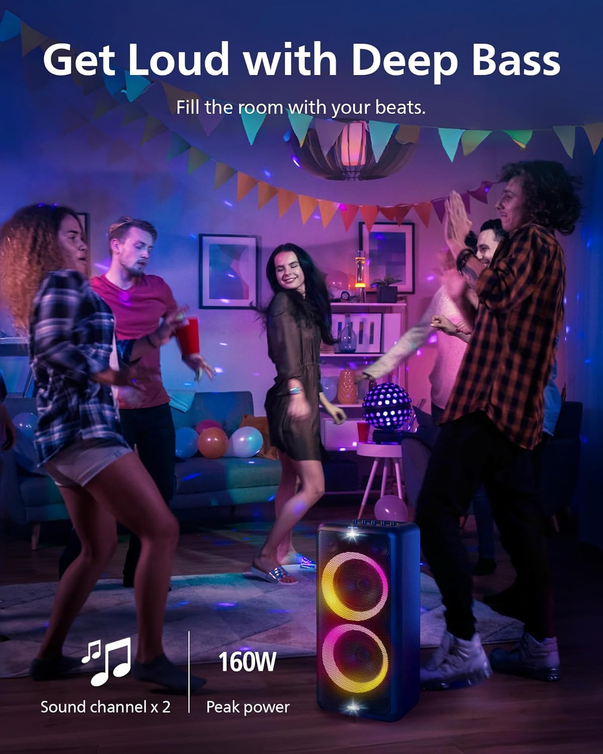 Philips X5206 bluetooth party speaker, portable with wheels, exciting light show, karaoke machine