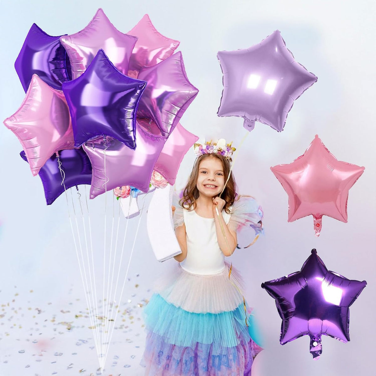 TAOYE Purple Pink Stars Foil Balloons, 18 Inch Lavender Purple Pink Stars Helium Balloons Dark