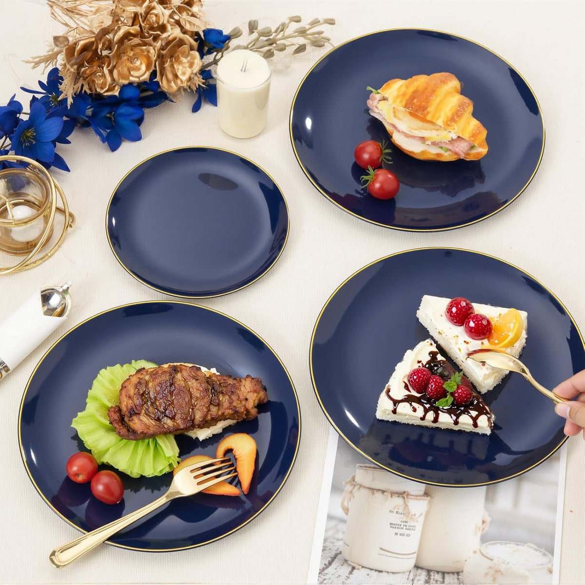 KIRE 175Pcs Blue Plastic Plates - Navy Blue Plates Disposable - 25 for Dinner 25 for Dessert 25 Pre