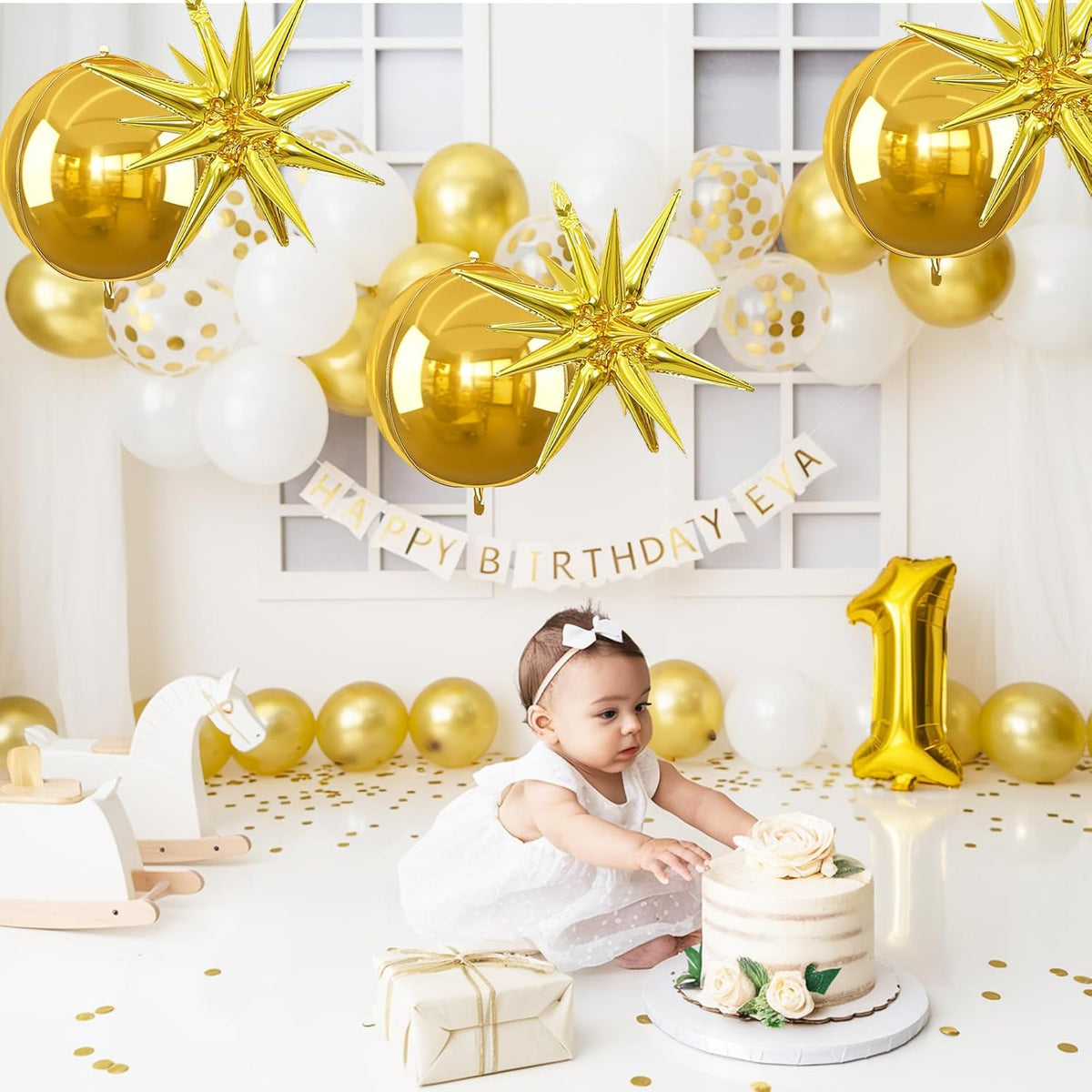 6Pcs Gold Foil Balloons,22Inch Gold 4D Round Ball Balloon and Explosion Star Balloon for Birthday