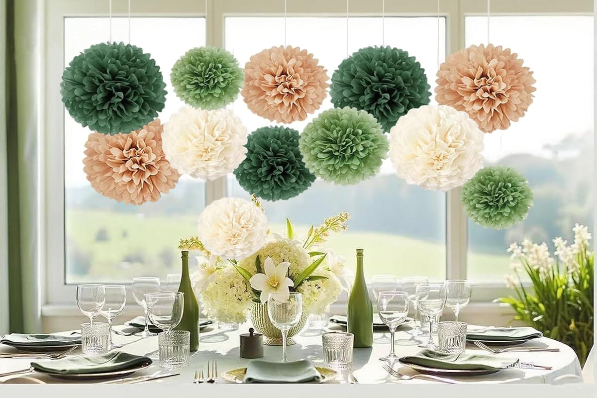 Capesaro Olive Sage Green 12PCS Paper Pom Poms Party Decorations for Natural Green Boho Safari