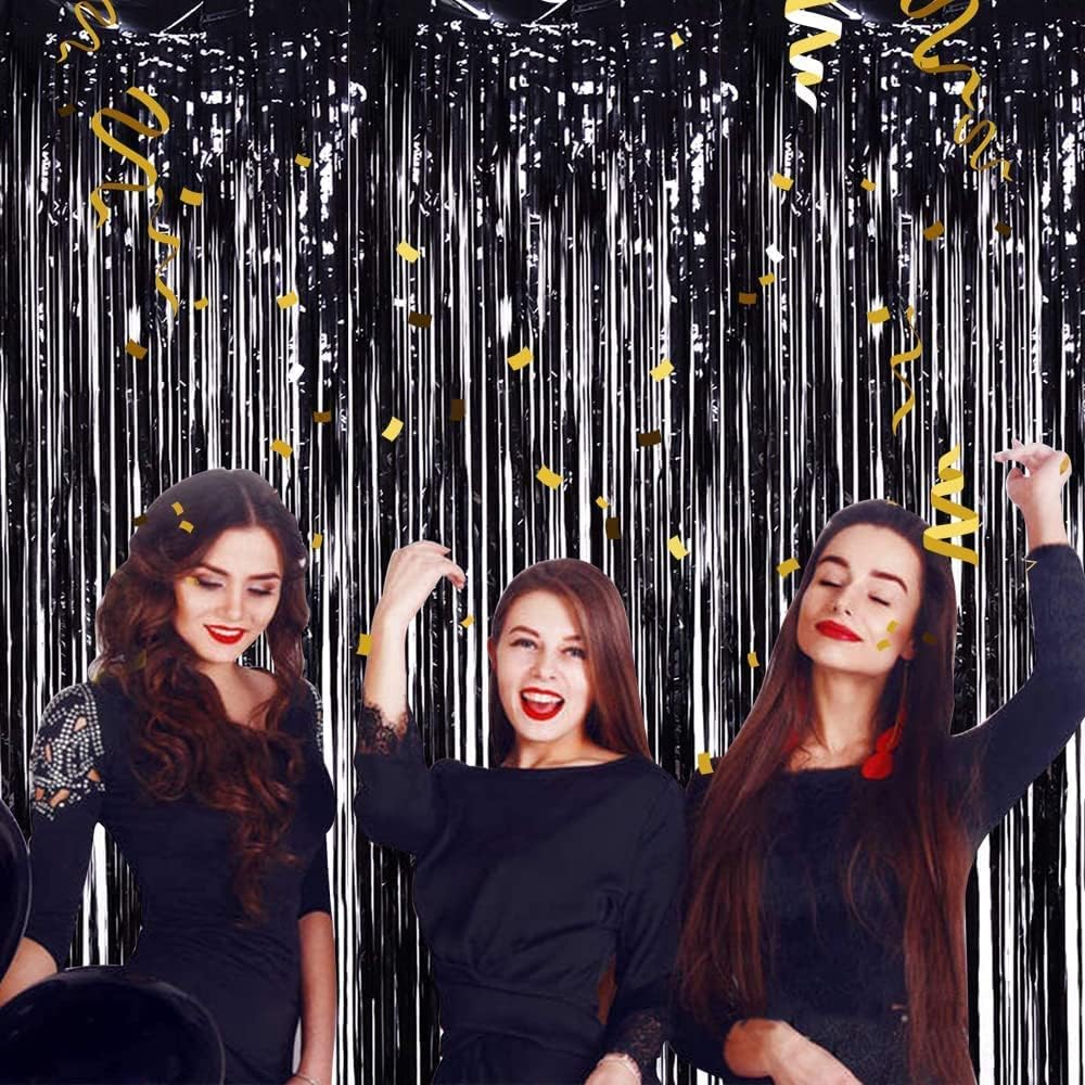 TONIFUL 3Pcs Black Door Streamers,Black Photo Booth Backdrop Metallic Streamers Foil Fringe