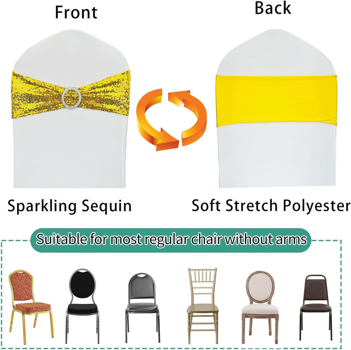 50 Pcs Sequin Chair Sashes Stretch Chair Bands Spandex Polyester Bows for Party Hotel Wedding