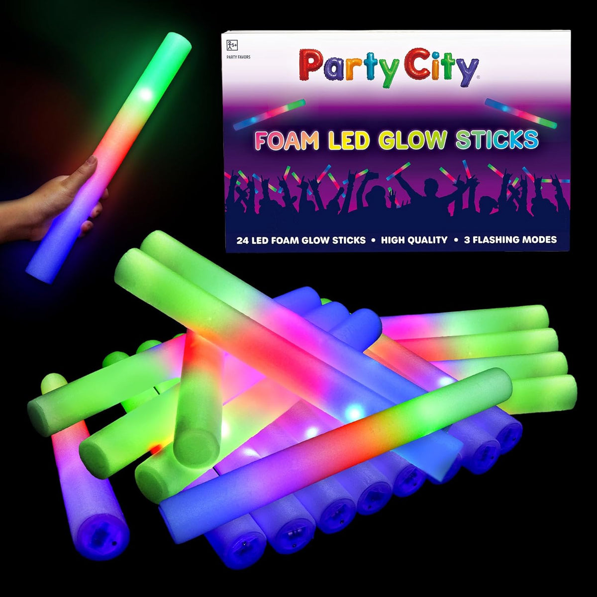 Party City 24pk LED Foam Glow Sticks 14”- Glow in the Dark Party Supplies Favors, Colorful Flashing