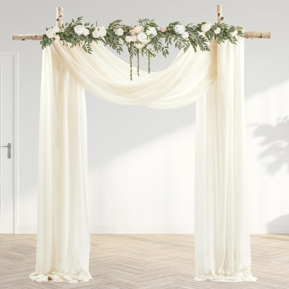 30" x 20Ft Wedding Arch Draping Fabric, 2 Panels Ivory Sheer Curtain Drapes Extra Wide & Long