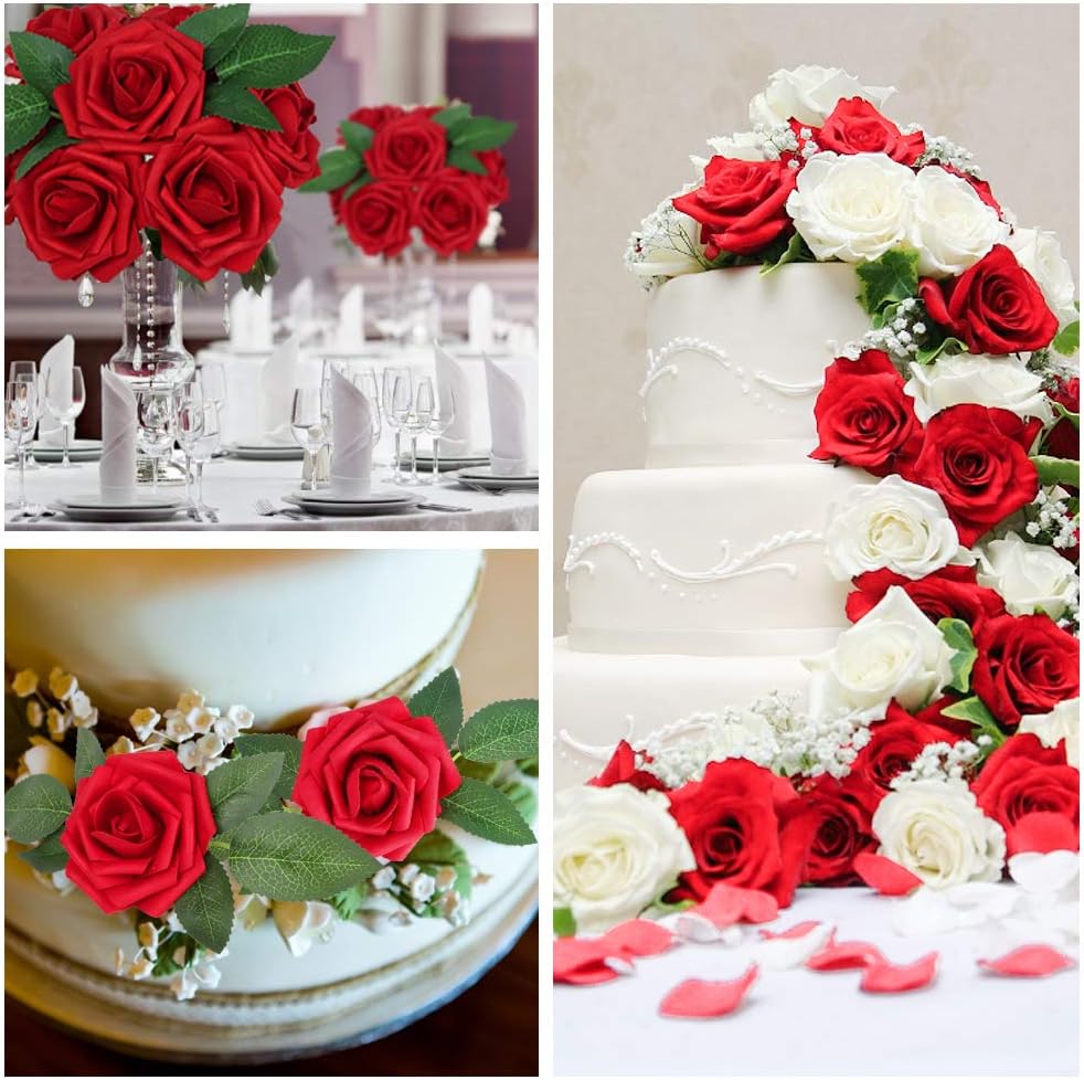 AmyHomie Artificial Flowers Dark Red Rose 50pcs Real Looking Fake Roses w/Stem for DIY Wedding