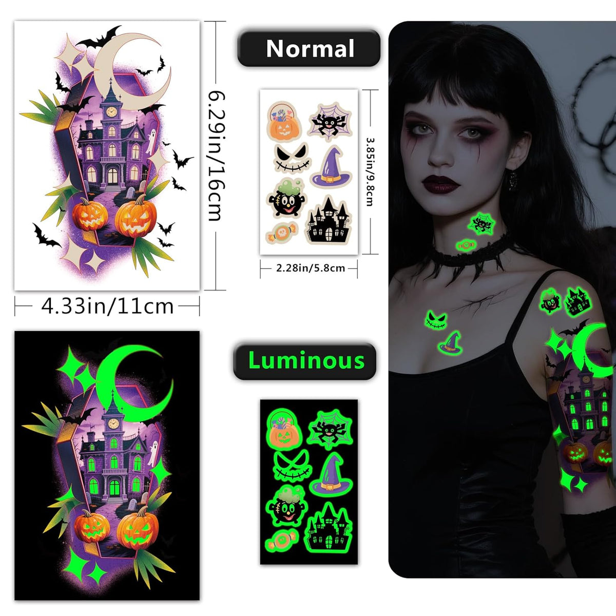 39 Sheets Halloween Glow Up Temporary Tattoos Women Men Adults, Skeleton Death Skull Pointed Black