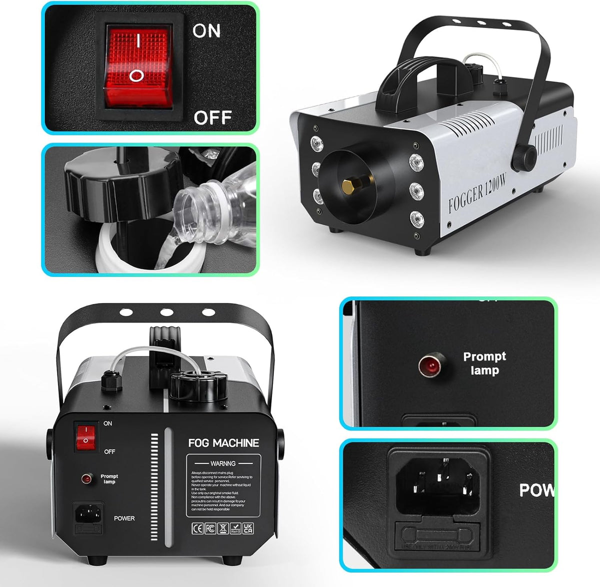 1200W RGB Fog Machine, 6 Colorful LED Lights for Smoke Machine Indoor/Outdoor Use, Perfect for
