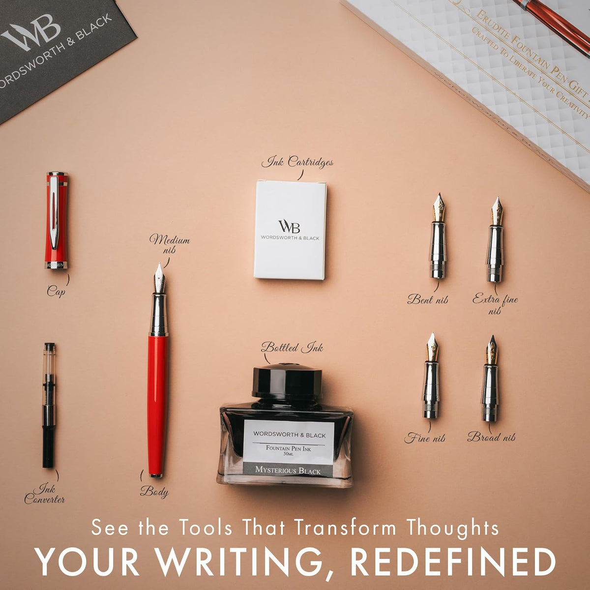 Wordsworth & Black Fountain Pen Gift Set, Includes Bottle, 6 Cartridges Refill Converter, 4